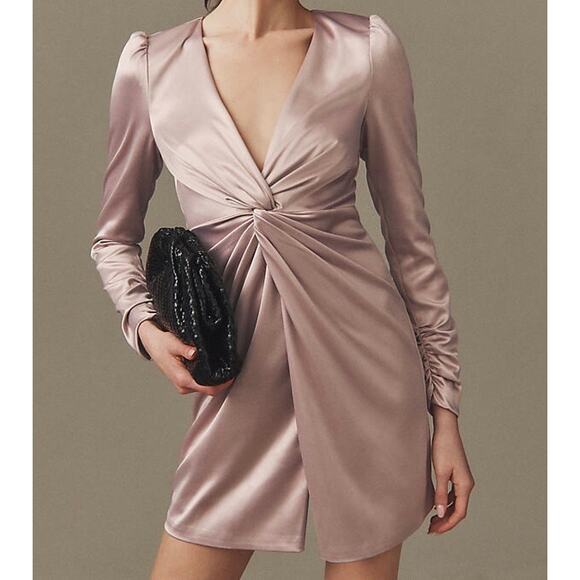 BHLDN Sabrina Stretch Satin Long Sleeve Mini Dress Size Small Dusty Mauve New - Picture 2 of 10